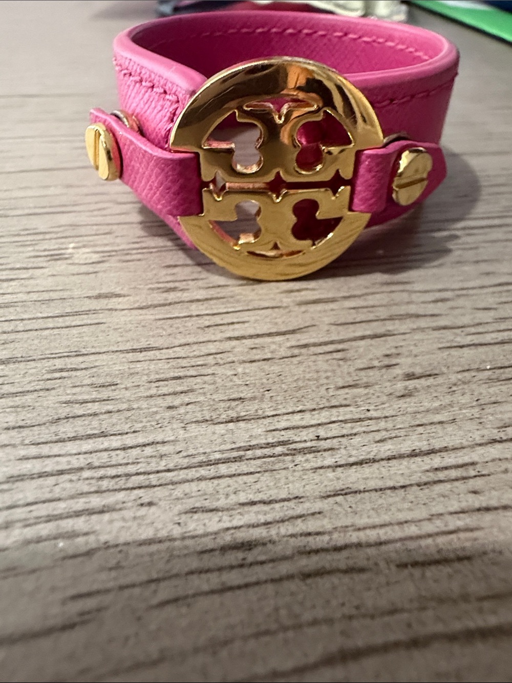 Tory Burch Hot Pink Leather Double-Wrap Bracelet with Gold Logo Medallion